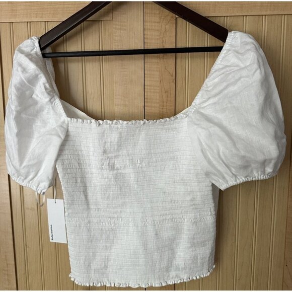 Reformation Rome White 100% Linen Puff Sleeve Smocked Cropped Peasant Top Sz 10 - Picture 7 of 9